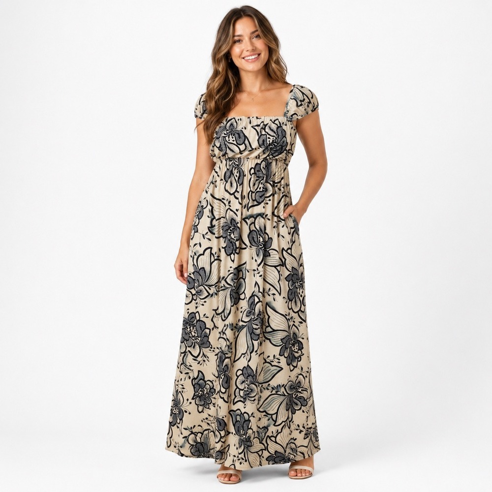 Loila Y2K Cream & Navy Floral Milkmaid Jersey Knit Maxi Dress Size Small